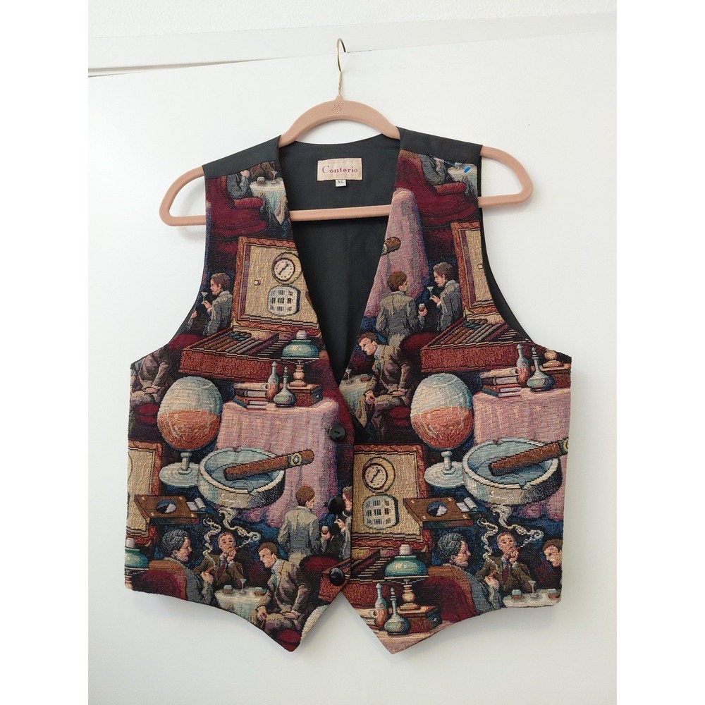 Vintage 90s Woven Tapestry Vest Women's XL Novelty Gentlemans Club Cigar Smoking